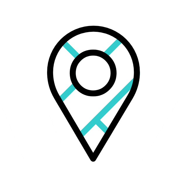 A black map pin icon with cyan lines inside, resembling a simplified map or location marker on a white background.