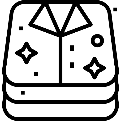 Line drawing of neatly folded shirts with sparkle symbols indicating cleanliness or freshness.