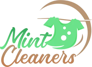 Logo for Sunny Cleaners featuring a yellow sun rising behind a blue clothes hanger, with 