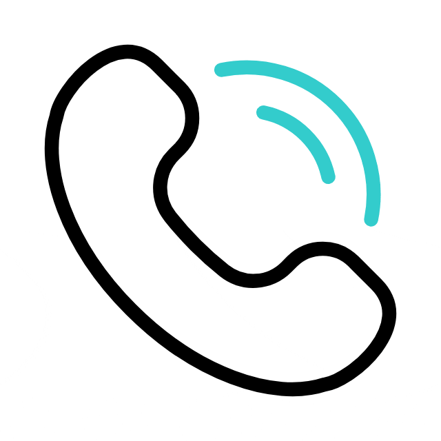 A black telephone handset icon with blue curved lines indicating sound or a call, on a white background.