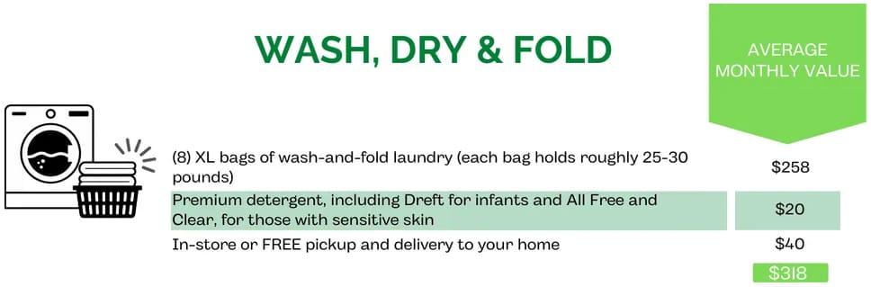 Infographic listing "Wash, Dry & Fold" laundry service details: 8 XL bags/month, premium detergent, pickup and delivery; total value $318.