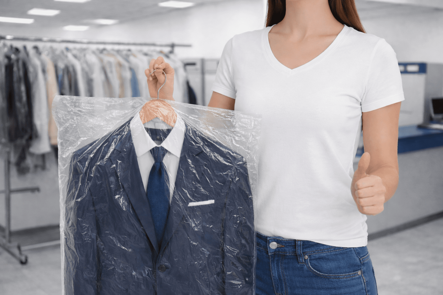 A woman in a white t-shirt gives a thumbs up while holding a suit in plastic dry cleaning wrap at a laundromat or dry cleaning shop.