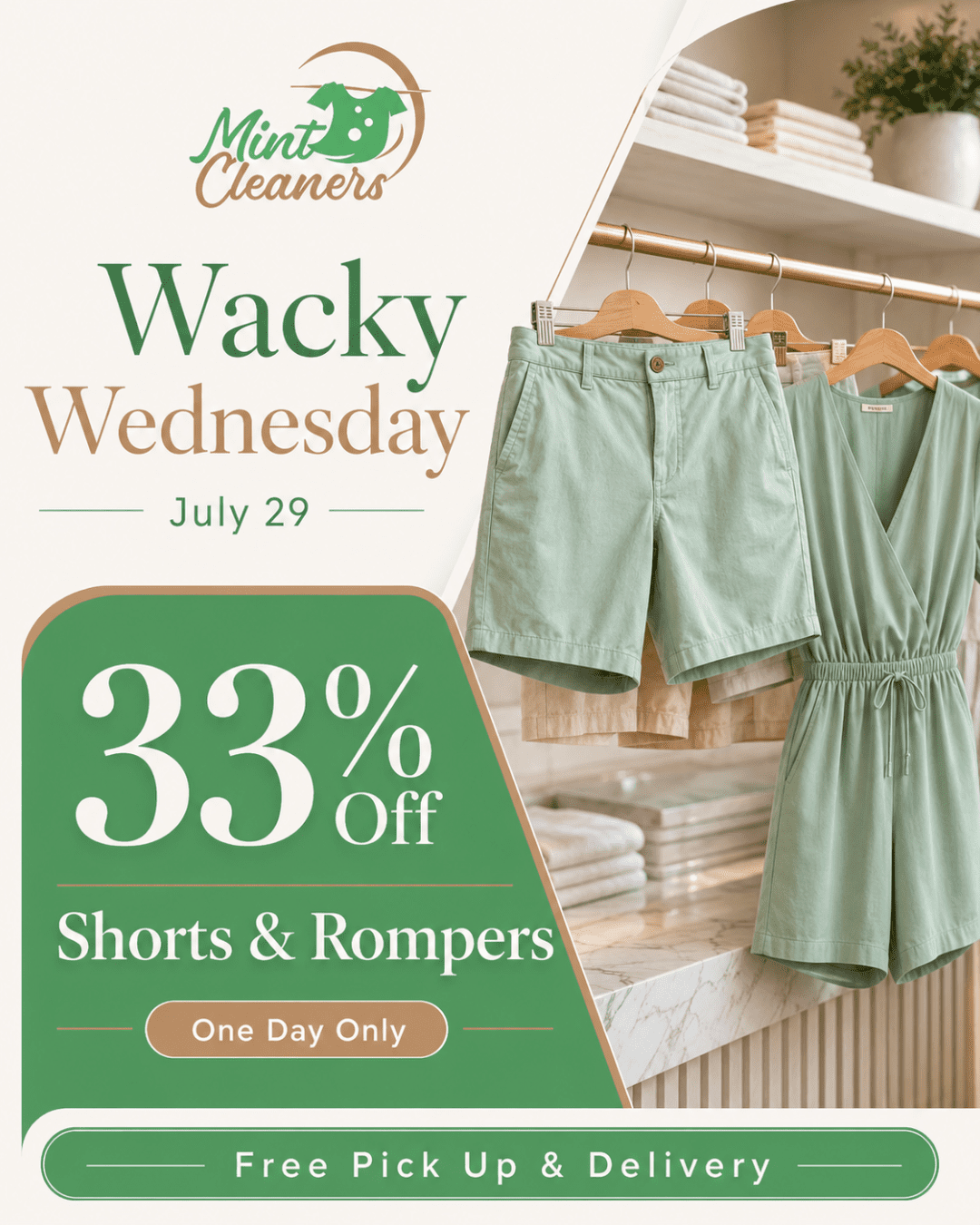 Promotional flyer for Mint Cleaners showing light green shorts and a romper on hangers, advertising 33% off shorts and rompers for one day only, with free pickup and delivery.