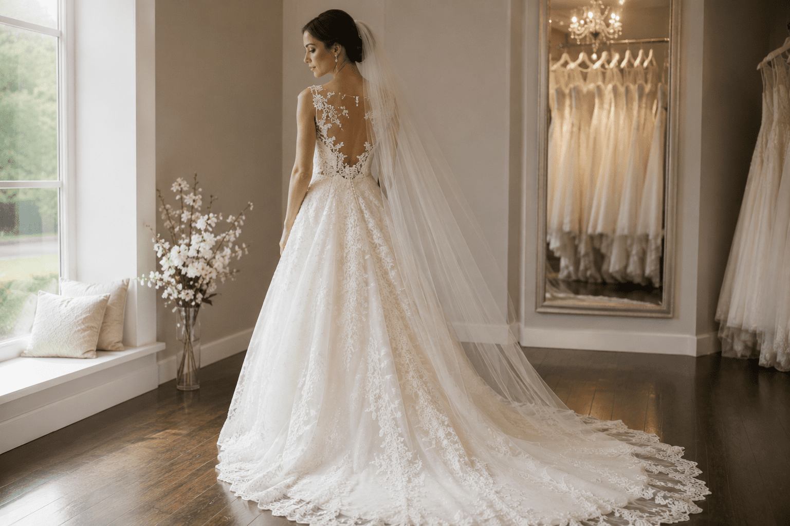 A bride in a lace wedding dress stands indoors near a window and a mirror, with wedding gowns hanging in the background.