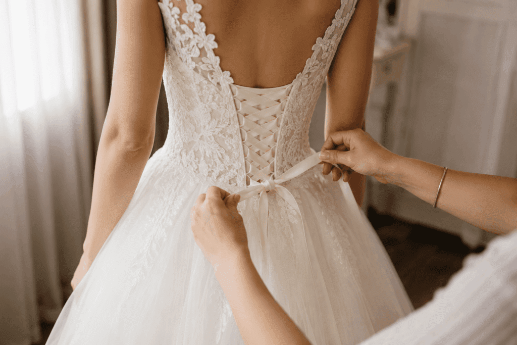 Close-up of a person tying the lace-up back of a white, lace wedding dress on someone standing indoors.