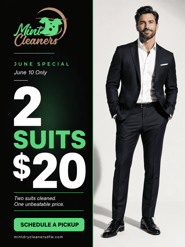Advertisement for Mint Cleaners offering a June 10 special: two suits cleaned for $20. Includes a well-dressed man in a suit and a button to schedule a pickup.