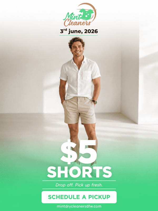 Man in casual white shirt and beige shorts stands in a bright room. Text promotes $5 shorts cleaning at Mint Cleaners, with a pickup scheduling option for June 3, 2026.