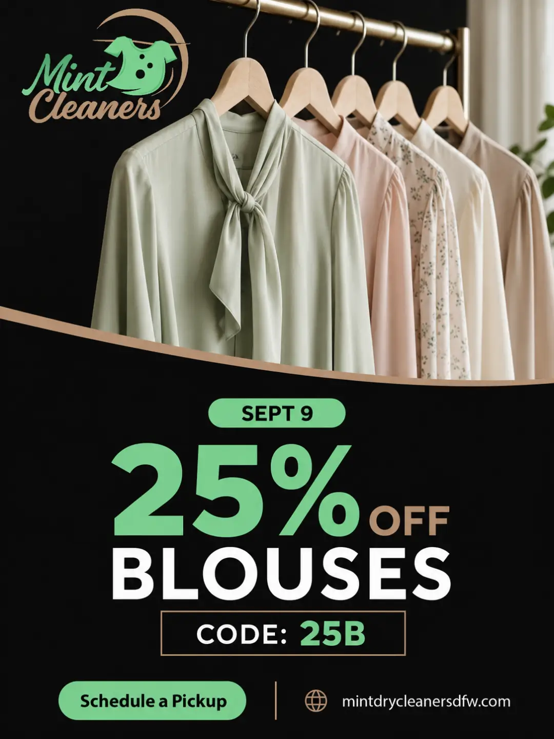Four blouses on wooden hangers are displayed above a promotion for 25% off blouses at Mint Cleaners with code 25B, valid on September 9.